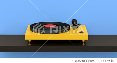 Vinyl record player or DJ turntable with retro vinyl disk on blue background. Vinyl record player or DJ turntable with retro vinyl disk on blue background. 97757610