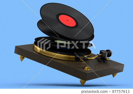 Vinyl record player or DJ turntable with flying vinyl plate on blue background. Vinyl record player or DJ turntable with flying vinyl plate on blue background. 97757611