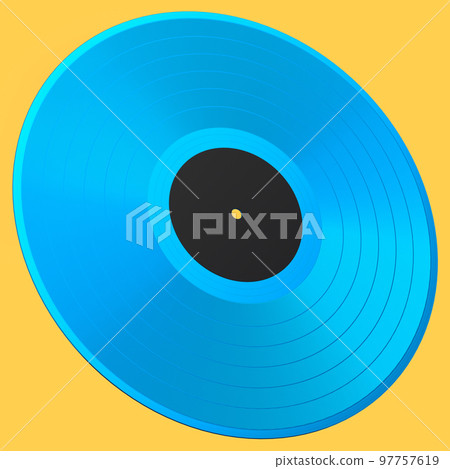 Black vinyl LP record with label isolated on yellow background. Black vinyl LP record with label isolated on yellow background. 97757619