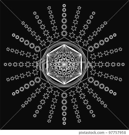Mandala vector design element, round ornament decoration. White on black background vintage decorative elements. Aboriginal folk art mandala, many stars, ethnic mandala, oriental pattern illustration 97757958
