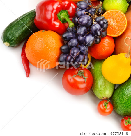 Fruits and vegetables isolated on white . Free space for text. Fruits and vegetables isolated on white . Free space for text. 97758148