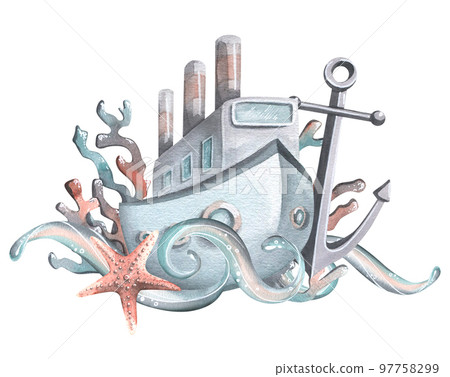 A boat, a steamer with waves, an anchor, corals and a starfish. Watercolor illustration. Composition from the collection of WHALES. For beach, summer and sea decoration and design. 97758299