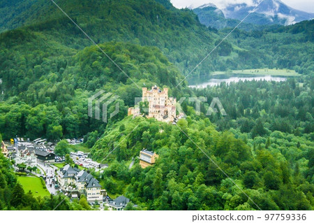 Panorama picture of Hohenschwangau castle and over Alpsee lake in Bavaria Panorama picture of Hohenschwangau castle and over Alpsee lake in Bavaria 97759336