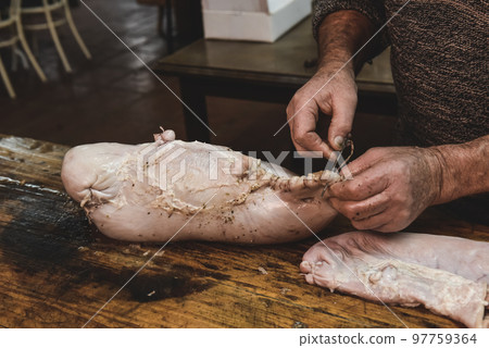 Hands making homemade head cheese, Patagonia, Argentina Hands making homemade head cheese, Patagonia, Argentina 97759364
