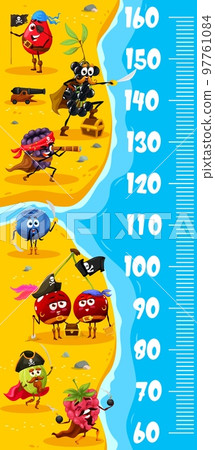 Kids height chart. Cartoon berry pirates and corsairs on treasure island. Kids growth measure vector ruler with rosehip, raspberry and blueberry, elderberry, blackberry and cherry twins Kids height chart. Cartoon berry pirates and corsairs on treasure island. Kids growth measure vector ruler with rosehip, raspberry and blueberry, elderberry, blackberry and cherry twins 97761084