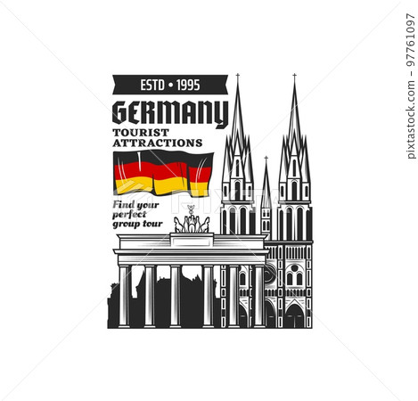 Germany travel landmarks icon, Berlin city sightseeing tours and tourism agency vector symbol. Welcome to Berlin sign with Brandenburg Gate and Kaiser Wilhelm Memorial Church, German history, culture 97761097