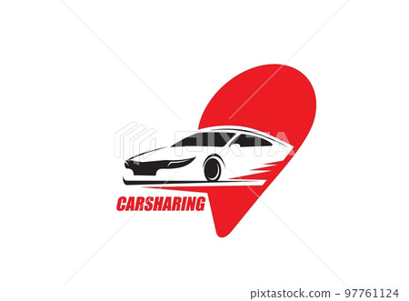 Carsharing service, car rent or taxi hire company icon. Renting automobiles, city transportation service app vector icon or sign with moving on speed coupe, navigation or route pin symbol 97761124