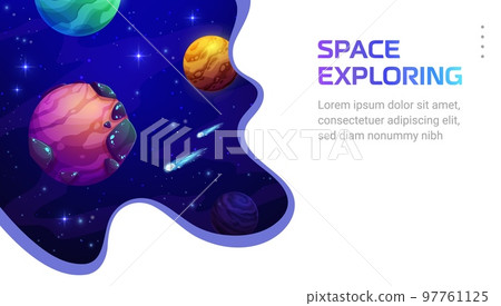 Space landing page, galaxy exploring paper cut space landscape. Cartoon vector web banner in 3d paper cut with planets, stars and asteroids. Universe and galaxy travel game, astronomy science 97761125