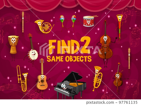 Find two same cartoon musical instrument characters. objects compare riddle, details search and spotting quiz vector worksheet with drum, cello, violin and trumpet, piano, flute, banjo cute personages 97761135