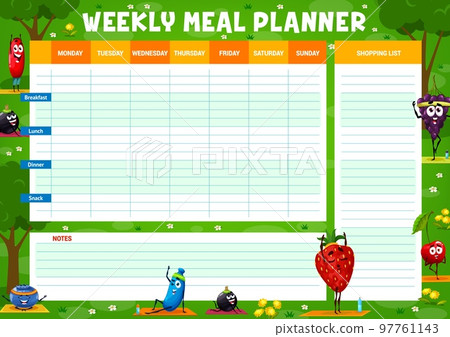 Weekly meal planner, vector timetable with cartoon berries on yoga and fitness at green field. Food diary template with barberry, black currant, honeyberry or strawberry, blueberry, grape and cherry Weekly meal planner, vector timetable with cartoon berries on yoga and fitness at green field. Food diary template with barberry, black currant, honeyberry or strawberry, blueberry, grape and cherry 97761143