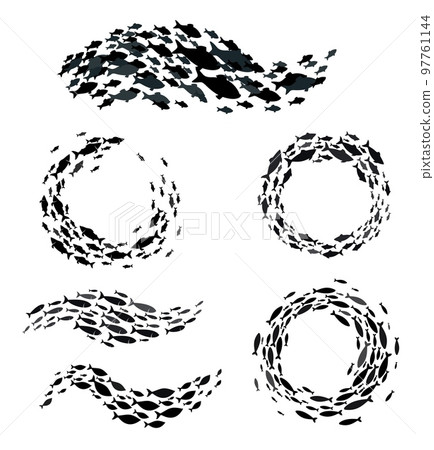 Shoal and fish school silhouette, sea fish group in sea or ocean water, isolated vector. Herring, salmon, sardines or tuna shoal or fishes school in round frame or wave silhouette Shoal and fish school silhouette, sea fish group in sea or ocean water, isolated vector. Herring, salmon, sardines or tuna shoal or fishes school in round frame or wave silhouette 97761144