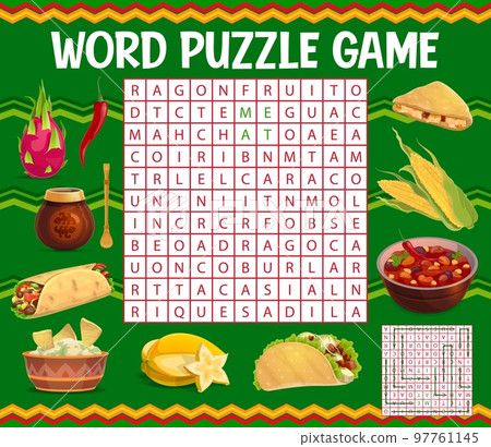 Mexican cuisine food. Word search puzzle game worksheet, vector quiz with pitaya fruit, chili pepper and mate tea, burrito, nachos chips and sauce, starfruit, taco, bean stew and corn, quesadilla 97761145