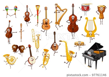 cartoon musical instrument characters and personages. Vector maracas, violin, guitar and vuvuzela, harp, double bass or grand piano. Castanets, tambourine, saxophone and banjo with trumpet or flute cartoon musical instrument characters and personages. Vector maracas, violin, guitar and vuvuzela, harp, double bass or grand piano. Castanets, tambourine, saxophone and banjo with trumpet or flute 97761146