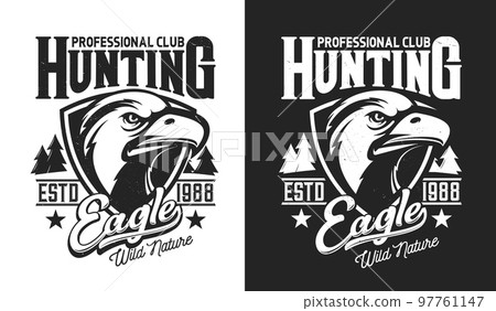 Hunting club t-shirt print, eagle mascot for hunters, vector hawk or falcon emblem. Wild hunt club emblem with forest trees and eagle bird head on shield with stars, hunters association badge 97761147