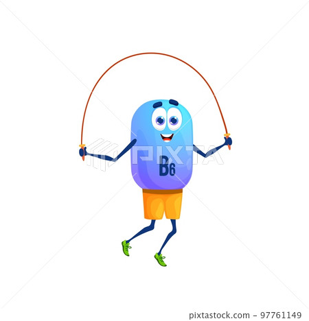 Cartoon vitamin B6 character jumping with rope. Isolated vector Adermin supplement personage healthy lifestyle, fitness, sports recreation and wellness activity 97761149