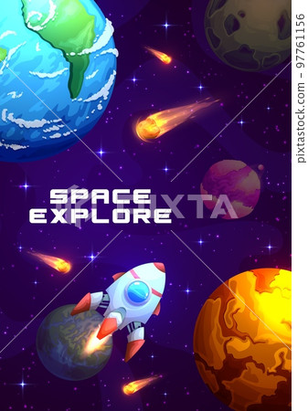 Cartoon galaxy space poster with starry landscape. Space exploration and galaxy travel vertical banner or background with solar system planets, comet or asteroids, starship flying in outerspace Cartoon galaxy space poster with starry landscape. Space exploration and galaxy travel vertical banner or background with solar system planets, comet or asteroids, starship flying in outerspace 97761156