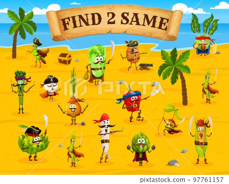 Find two same cartoon vegetable pirates and corsairs characters. Kids matching quiz, vector puzzle game with bean, mushroom, cabbage and onion, radish, pepper and olive, corn funny corsair personages 97761157