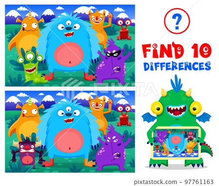 Cartoon monster characters, find ten differences. Kids vector board game worksheet with cute funny mutant personages. Educational children riddle for leisure activity, brainteaser puzzle, quiz test 97761163