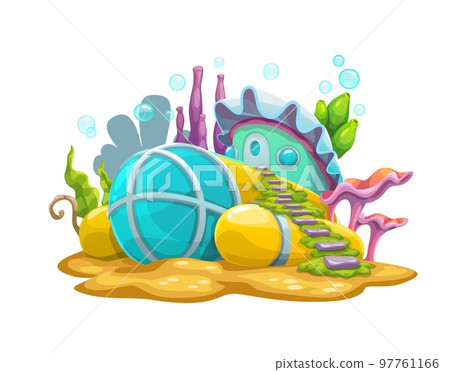 Underwater cartoon sunken bathyscaphe house building. Vector fantasy submarine dwelling, fairy tale architecture on ocean bottom with weeds. Sub boat with glass dome window, stairs and shell roof 97761166
