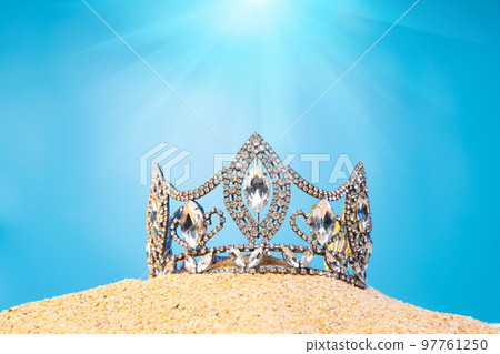 Desert Sand Ocean wind Diamond Crown put into Deep blue sky nature hot tropical island for Miss Beauty Pageant Contest Competition, bikini sash high heel shoes hang on outing trip camping background Desert Sand Ocean wind Diamond Crown put into Deep blue sky nature hot tropical island for Miss Beauty Pageant Contest Competition, bikini sash high heel shoes hang on outing trip camping background 97761250