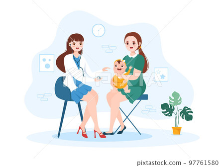 Pediatrician Examines Sick Kids and Baby for Medical Development, Vaccination and Treatment in Flat Cartoon Hand Drawn Templates Illustration 97761580