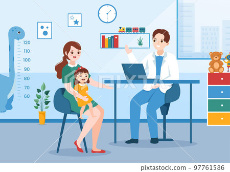 Pediatrician Examines Sick Kids and Baby for Medical Development, Vaccination and Treatment in Flat Cartoon Hand Drawn Templates Illustration Pediatrician Examines Sick Kids and Baby for Medical Development, Vaccination and Treatment in Flat Cartoon Hand Drawn Templates Illustration 97761586