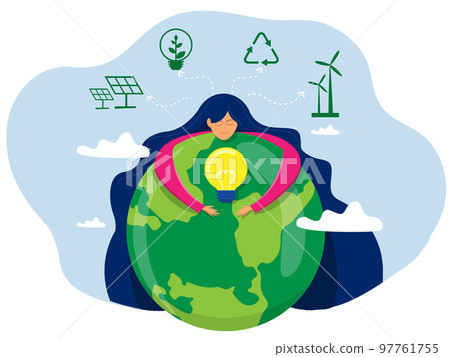 World Earth Day Nature lover, ecology friendly lifestyle , girl embracing the planet Earth with green eco energy environmental protection Concept , Flat vector illustration. World Earth Day Nature lover, ecology friendly lifestyle , girl embracing the planet Earth with green eco energy environmental protection Concept , Flat vector illustration. 97761755