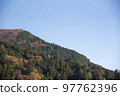 Forested mountain and clear blue sky 97762396