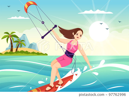 Kitesurfing Illustration with Kite Surfer Standing on Kiteboard in the Summer Sea in Extreme Water Sports Flat Cartoon Hand Drawn Template 97762996