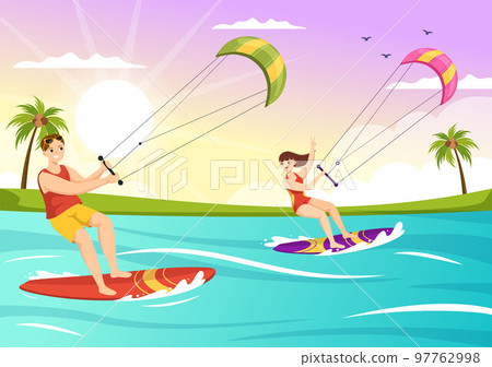 Kitesurfing Illustration with Kite Surfer Standing on Kiteboard in the Summer Sea in Extreme Water Sports Flat Cartoon Hand Drawn Template 97762998