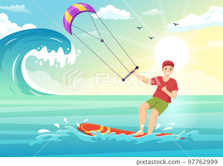 Kitesurfing Illustration with Kite Surfer Standing on Kiteboard in the Summer Sea in Extreme Water Sports Flat Cartoon Hand Drawn Template 97762999
