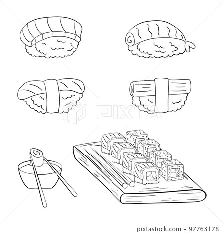 Sushi set on a board, line art. vector illustration on a white background 97763178