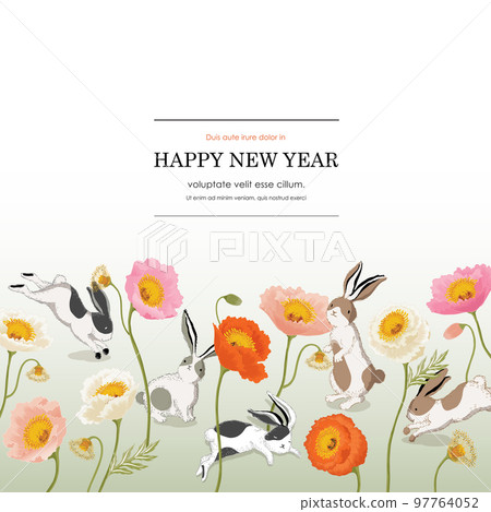 Vector illustration of rabbits with puppy flowers. The year of the rabbit. New Year's Illustration. Design for greeting card, poster, brochure, web design and print project Vector illustration of rabbits with puppy flowers. The year of the rabbit. New Year's Illustration. Design for greeting card, poster, brochure, web design and print project 97764052