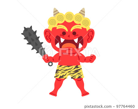 Illustration of a red demon character holding a metal club Illustration of a red demon character holding a metal club 97764460