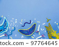 Table top view aerial image of beautiful colorful carnival festival background.Flat lay accessory object the several mask  decor confetti on modern pink paper at home office desk studio.copy space.. 97764645