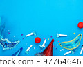 Table top view aerial image of beautiful colorful carnival festival background.Flat lay accessory object the several mask  decor confetti on modern pink paper at home office desk studio.copy space.. 97764646
