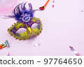 Table top view aerial image of beautiful colorful carnival festival background.Flat lay accessory object the several mask  decor confetti on modern pink paper at home office desk studio.copy space.. 97764650