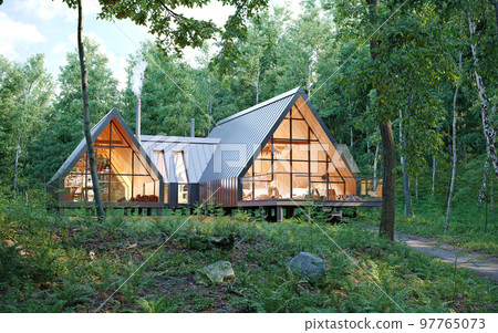 family house exterior in forest 97765073