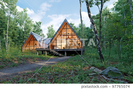 family house exterior in forest 97765074