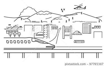 Stations where long-distance trains stop in local cities Monochrome illustration material 97765387