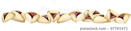 Purim horizontal banner with Haman ears, watercolor Hamantaschen cookies on white isolated background 97765471