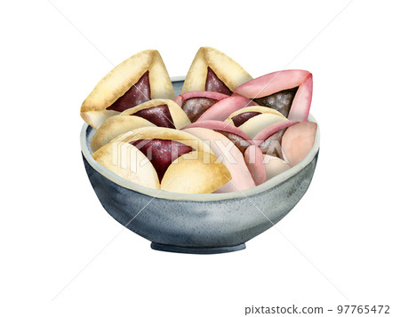 Hamantaschen Purim cookies in silver bowl for Jewish holiday masquerade. Watercolor drawing illustration Hamantaschen Purim cookies in silver bowl for Jewish holiday masquerade. Watercolor drawing illustration 97765472