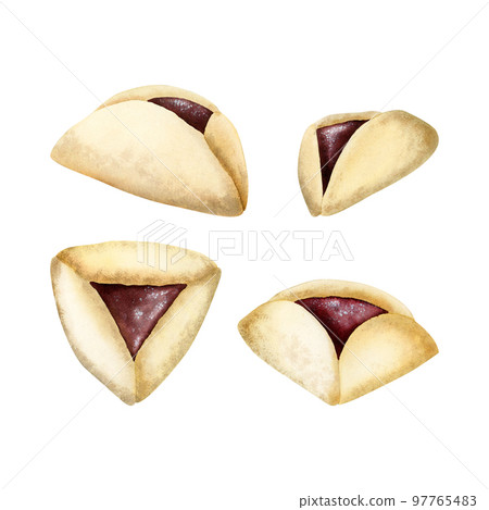 Purim traditional Jewish cookies Oznei Haman, Hamantaschen. Set of four watercolor illustration isolated on white Purim traditional Jewish cookies Oznei Haman, Hamantaschen. Set of four watercolor illustration isolated on white 97765483