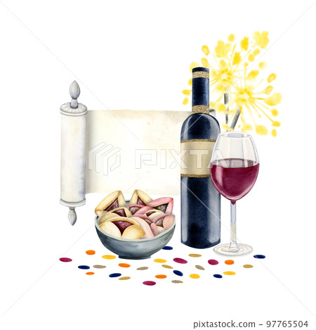 Purim symbols greeting template with Jewish cookies, megilat Esther scroll, sparklers, wine isolated on white background 97765504