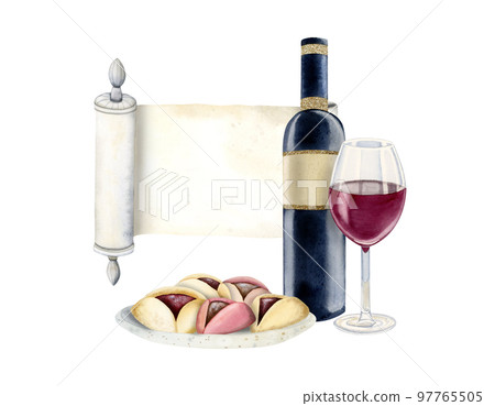 Watercolor Purim symbols greeting card template with Jewish cookies, megilat Esther scroll and wine isolated on white 97765505
