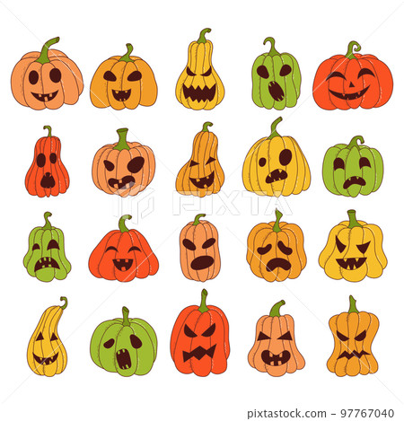 Set of pumpkin of various shapes and colors with funny faces. Halloween elements. Vector illustration in hand drawn style 97767040