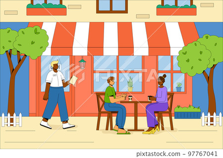 People relax and drink coffee outdoors. The building of the summer cafe with outdoor tables and chairs. The waiter carries the menu. concept of a summer cafe. Flat illustration. 97767041