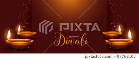shinny happy diwali banner with realistic oil diya in brown background shinny happy diwali banner with realistic oil diya in brown background 97768103