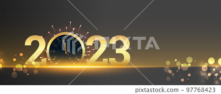 happy new year 2023 banner with clock and bokeh light effect happy new year 2023 banner with clock and bokeh light effect 97768423