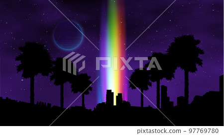 Waporwave retro sunset with palms on the beach. Neon landscape futuristic galaxy background. Waporwave retro sunset with palms on the beach. Neon landscape futuristic galaxy background. 97769780
